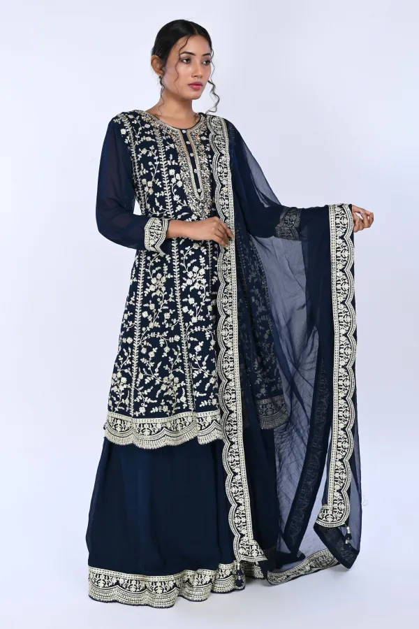 Navy Paplom Suit With Skirt